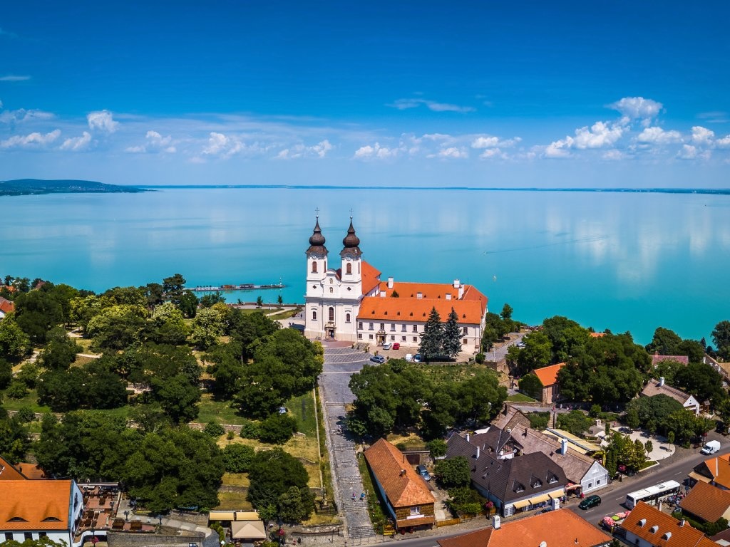 The terrace next to the abbey in Tihany offers spectacular views of Lake Balaton.