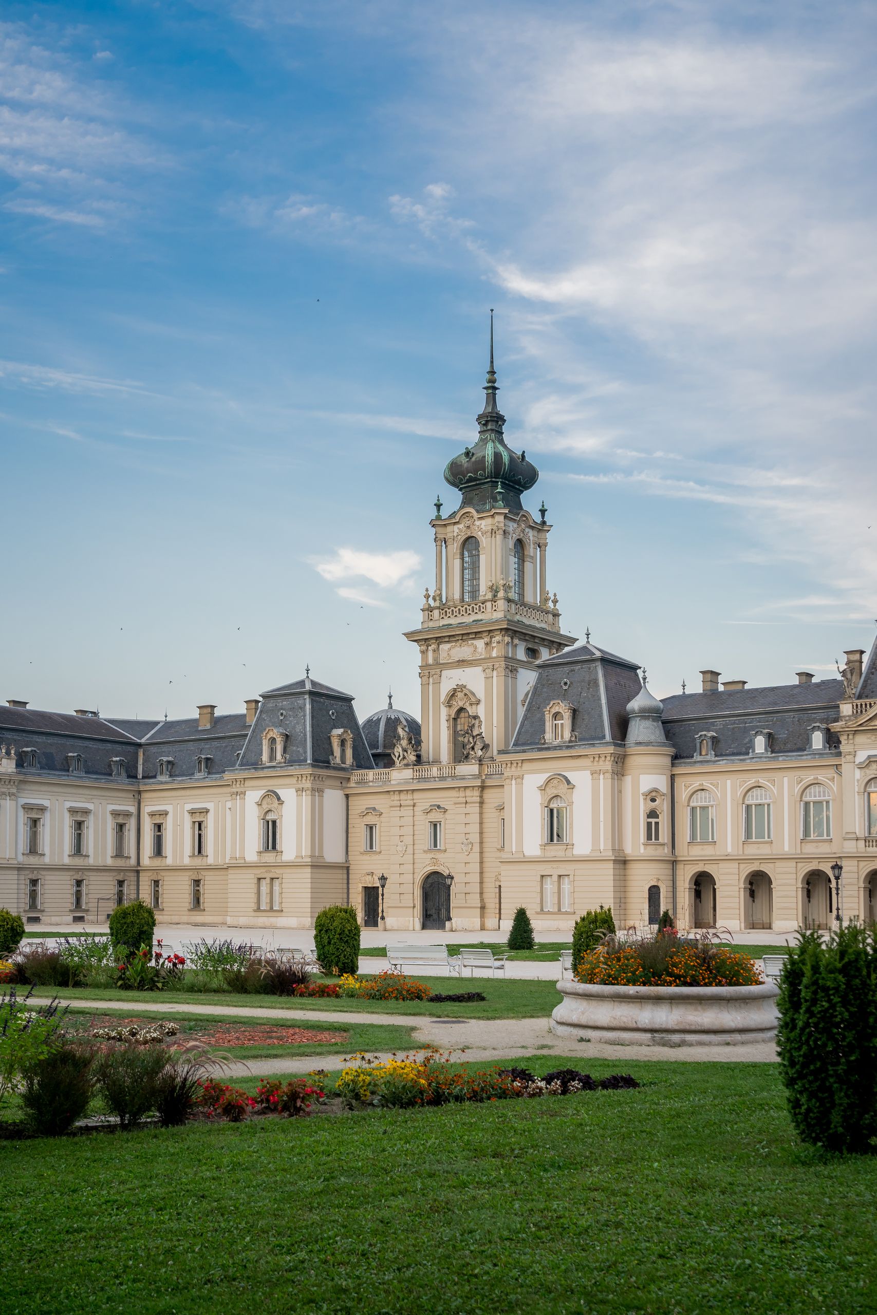 The Festetics Palace in Keszthely seen across its flower garden
