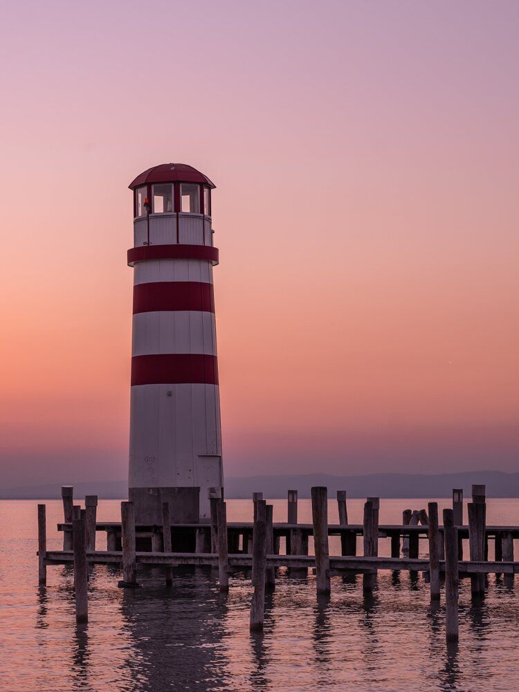 The red and white lighthouse at Podersdorf on the Austrian shore of Lake Fertő