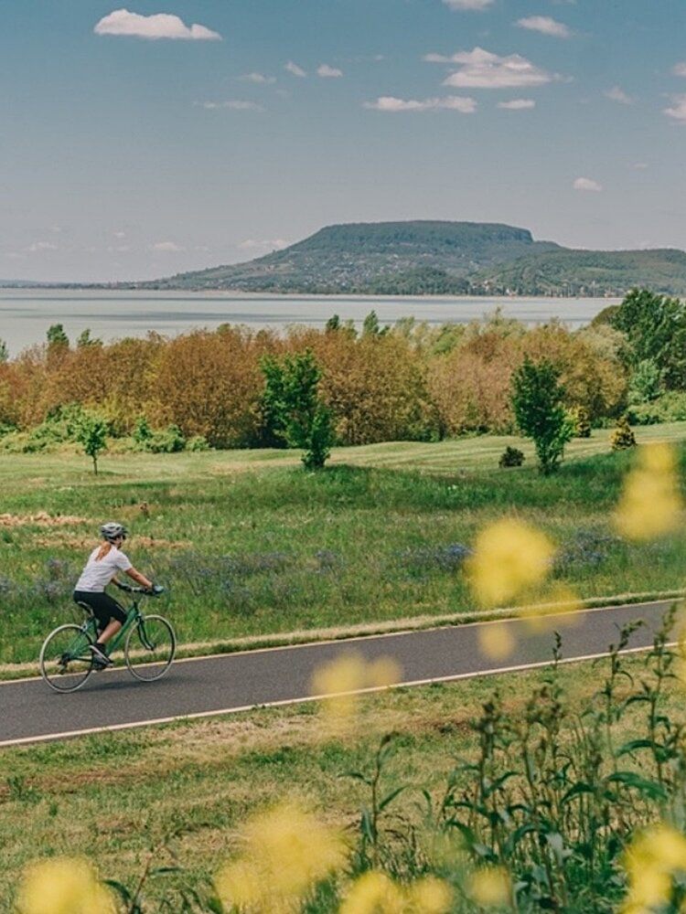 A cyclist on a bike path above Lake Balaton with the Badacsony hills across the water