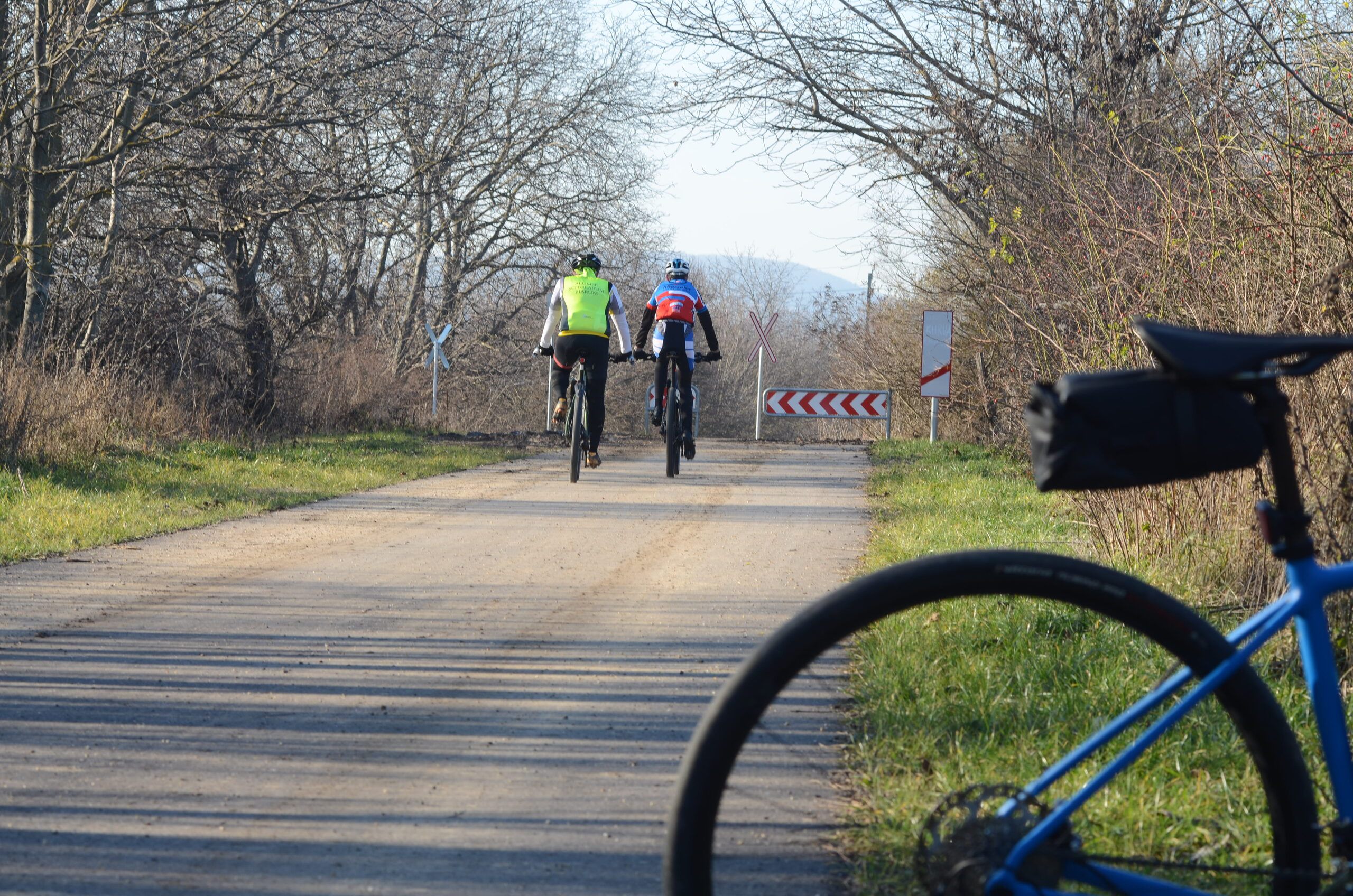 Two cyclists riding ahead on a rail trail through bare winter trees